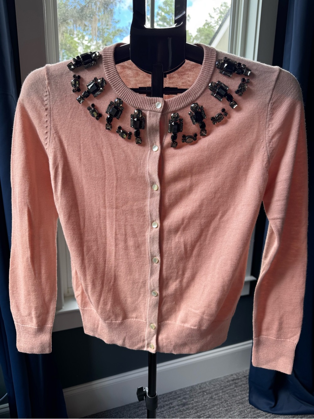 NWT Ann Taylor Pink Jeweled Collared Cardigan Sweater Medium Petite Rhinestones
